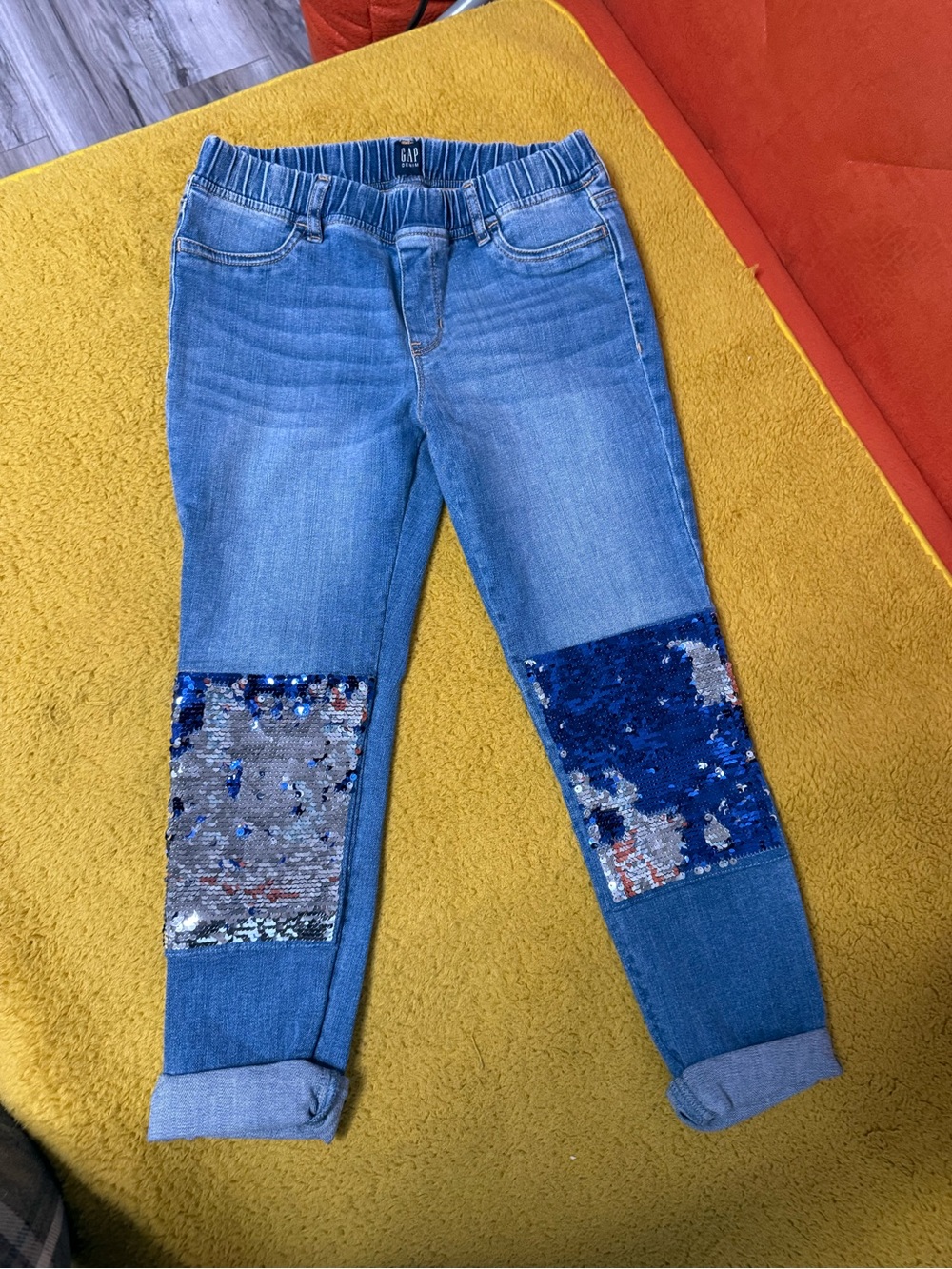 GAP Girls Blue Denim Jeans with Blue & Silver Sequin Knee Panels sz 14 nwot